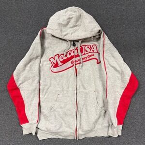 Y2K Mecca USA Zip Up Hoodie Mens L Grey Red Good Embroidered Baggy Streetwear